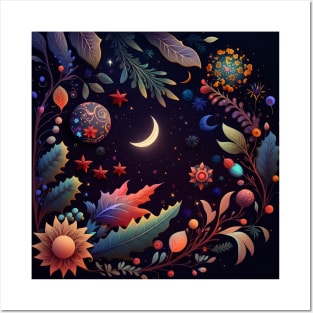 10. Celestial Bohemian Flowers Aesthetic Design Stars Moon Floral Cosmic Pattern Posters and Art